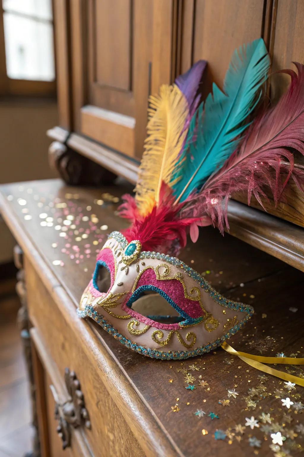 A plume-covered mask bringing drama and style.