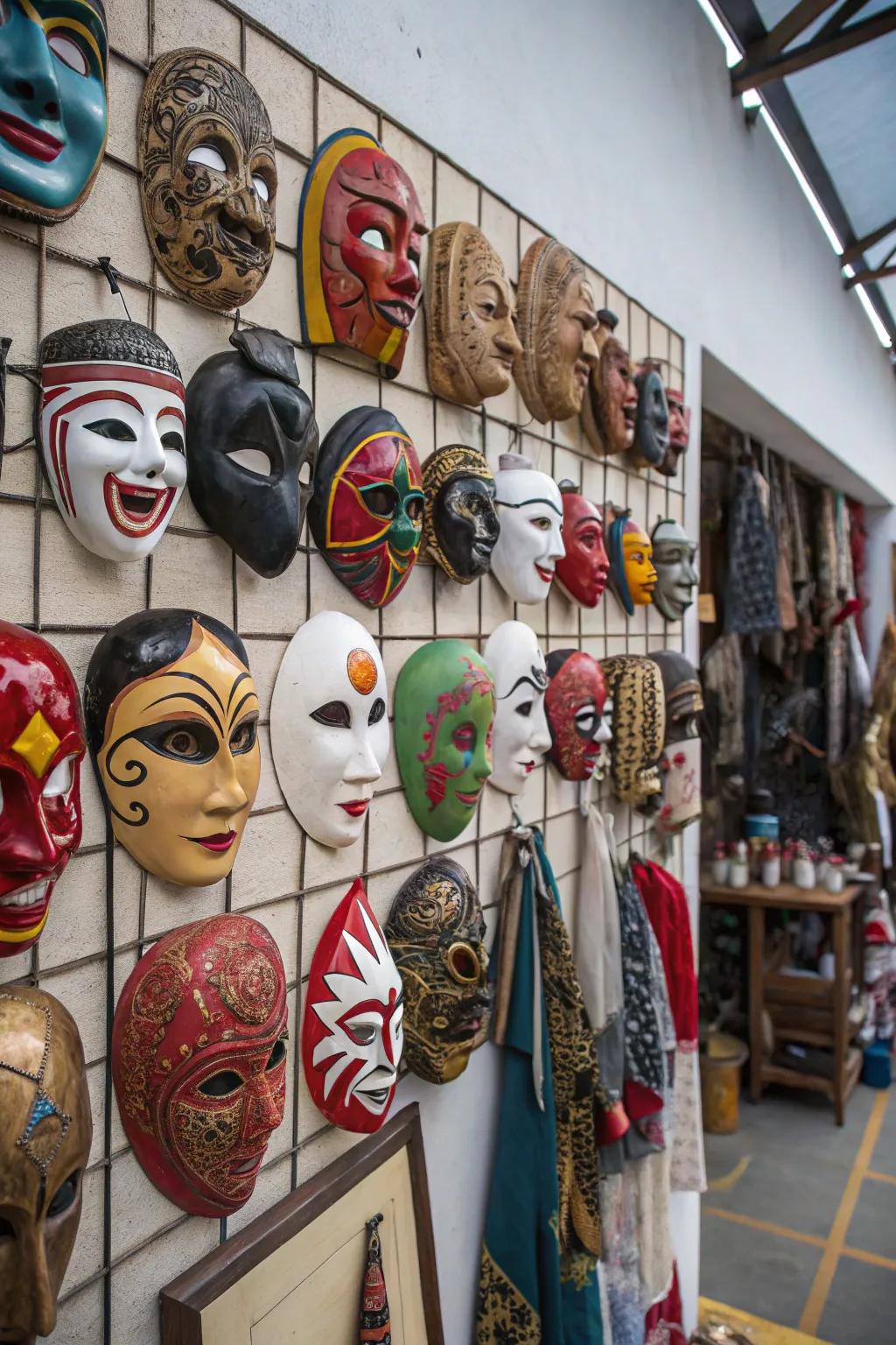 A diverse assemblage of masks brings energy and enthusiasm to this location.
