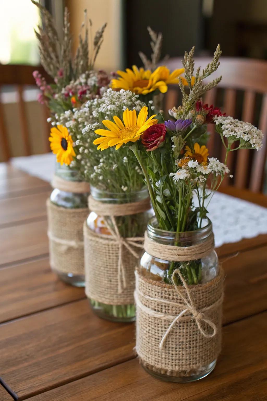 Country-style floral preserving-style jar centerpieces wrapped using hessian and string.