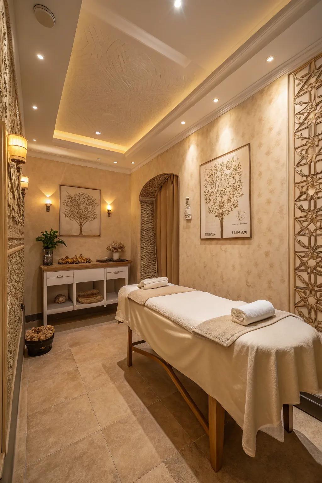 A massage room featuring a calming light brown and ivory color scheme.