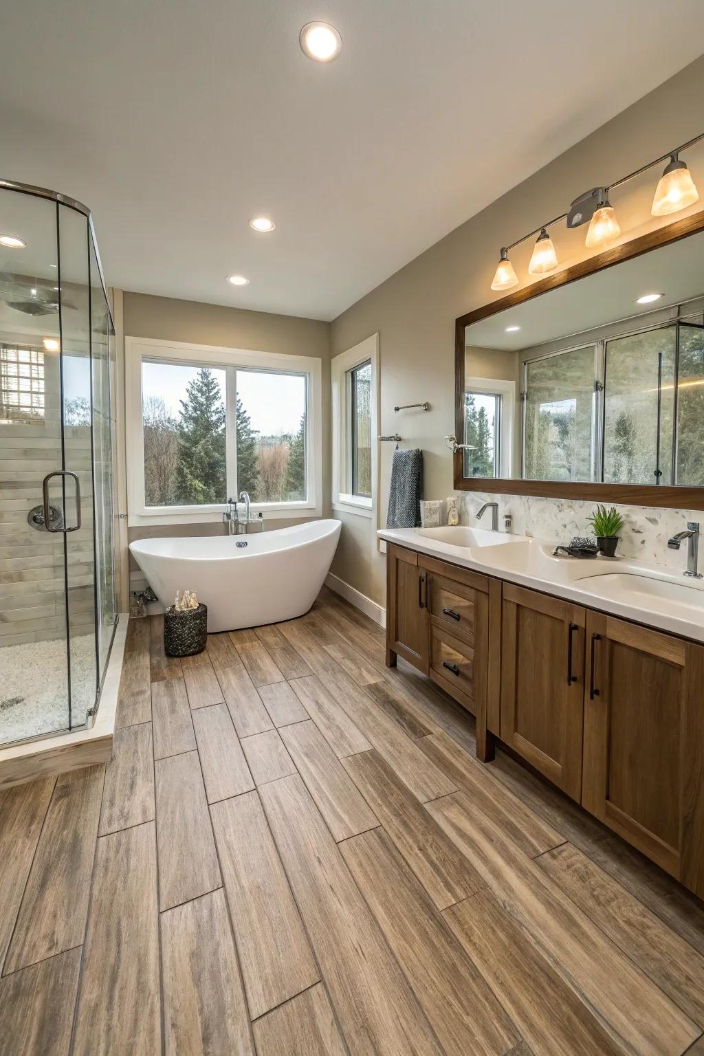 Wood-look porcelain tiles present a cozy yet resilient solution.