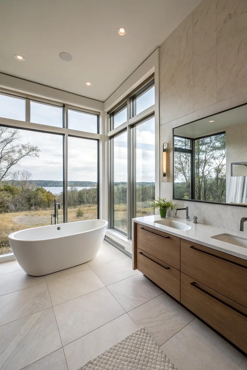 An open primary bathroom arrangement presenting a flowing and roomy sensation.