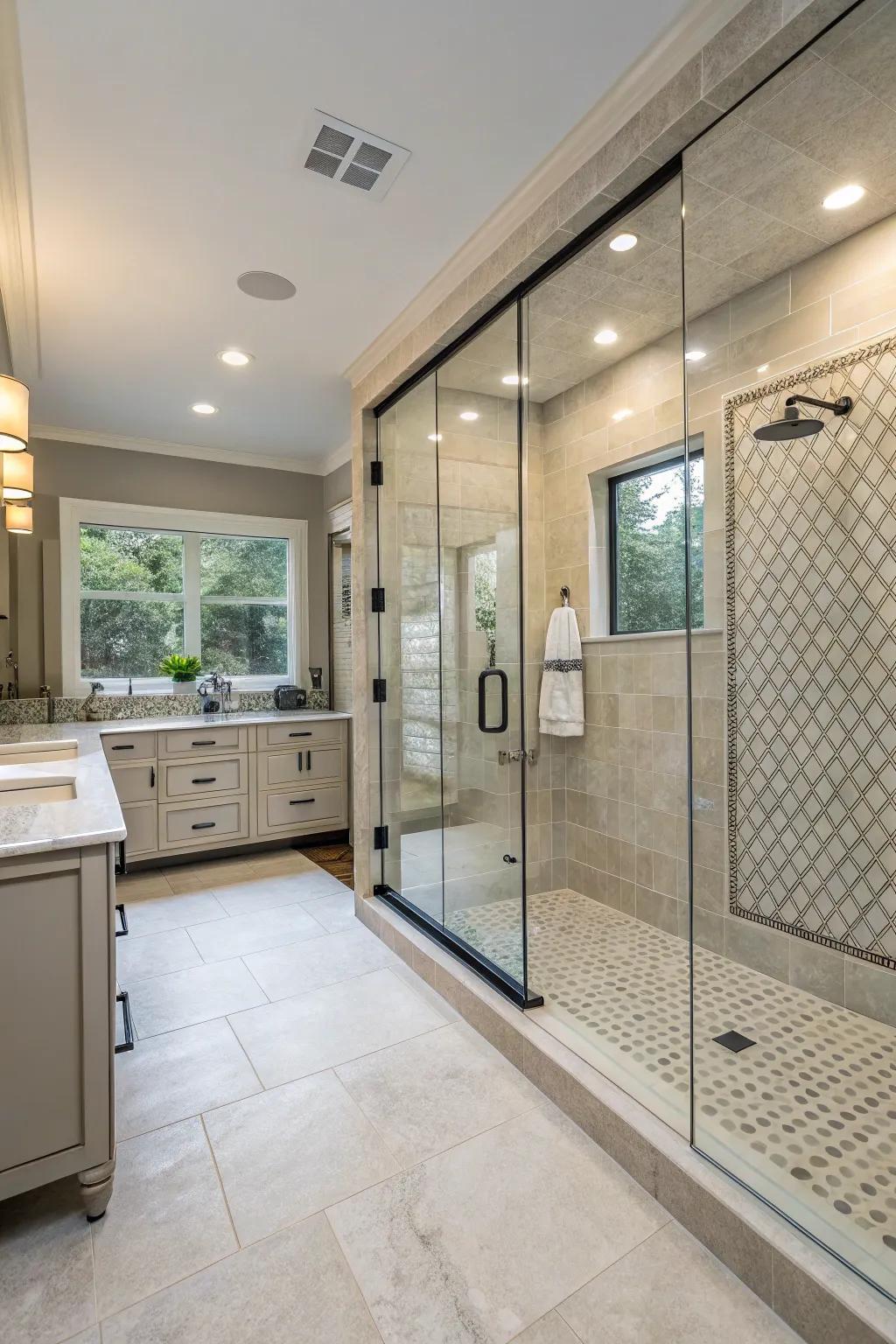 A sizable step-in shower adds a dash of sophistication and openness to your main bathroom.