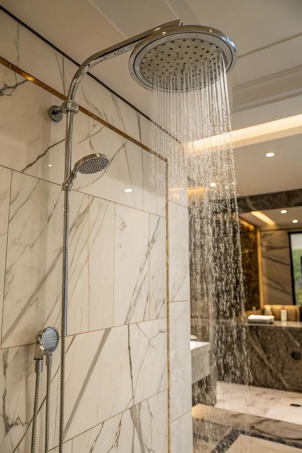 A shower styled with pristine white marble tiles, showcasing delicate veining for an elegant appearance.