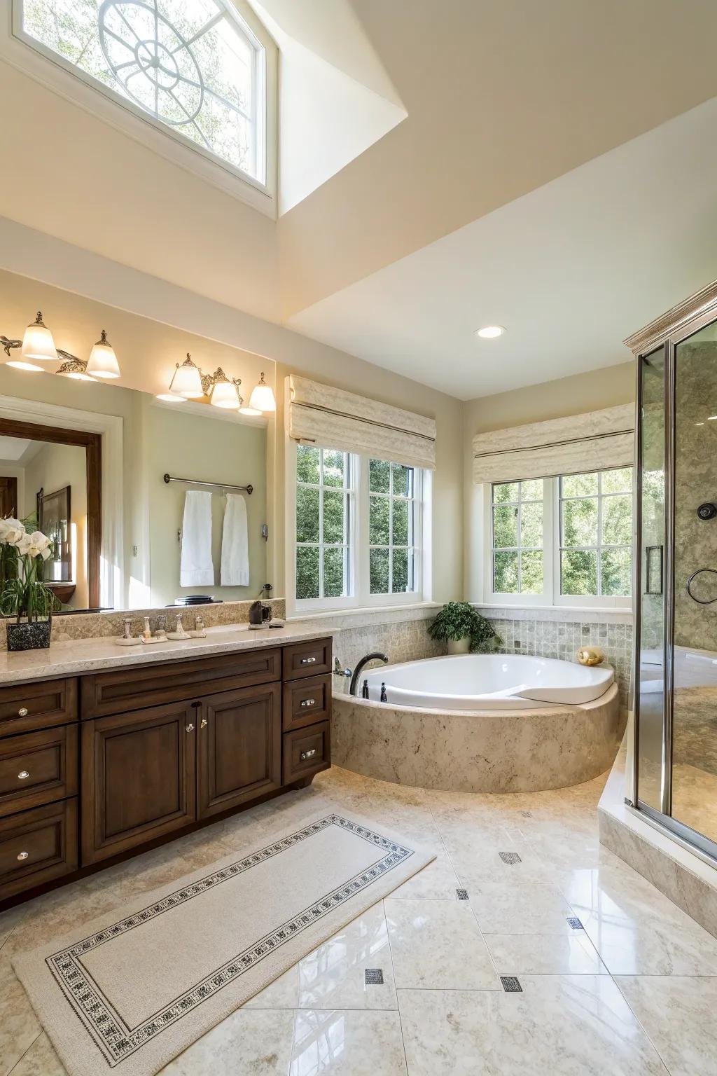 The spacious design of a master bathroom emphasizes the central whirlpool tub.