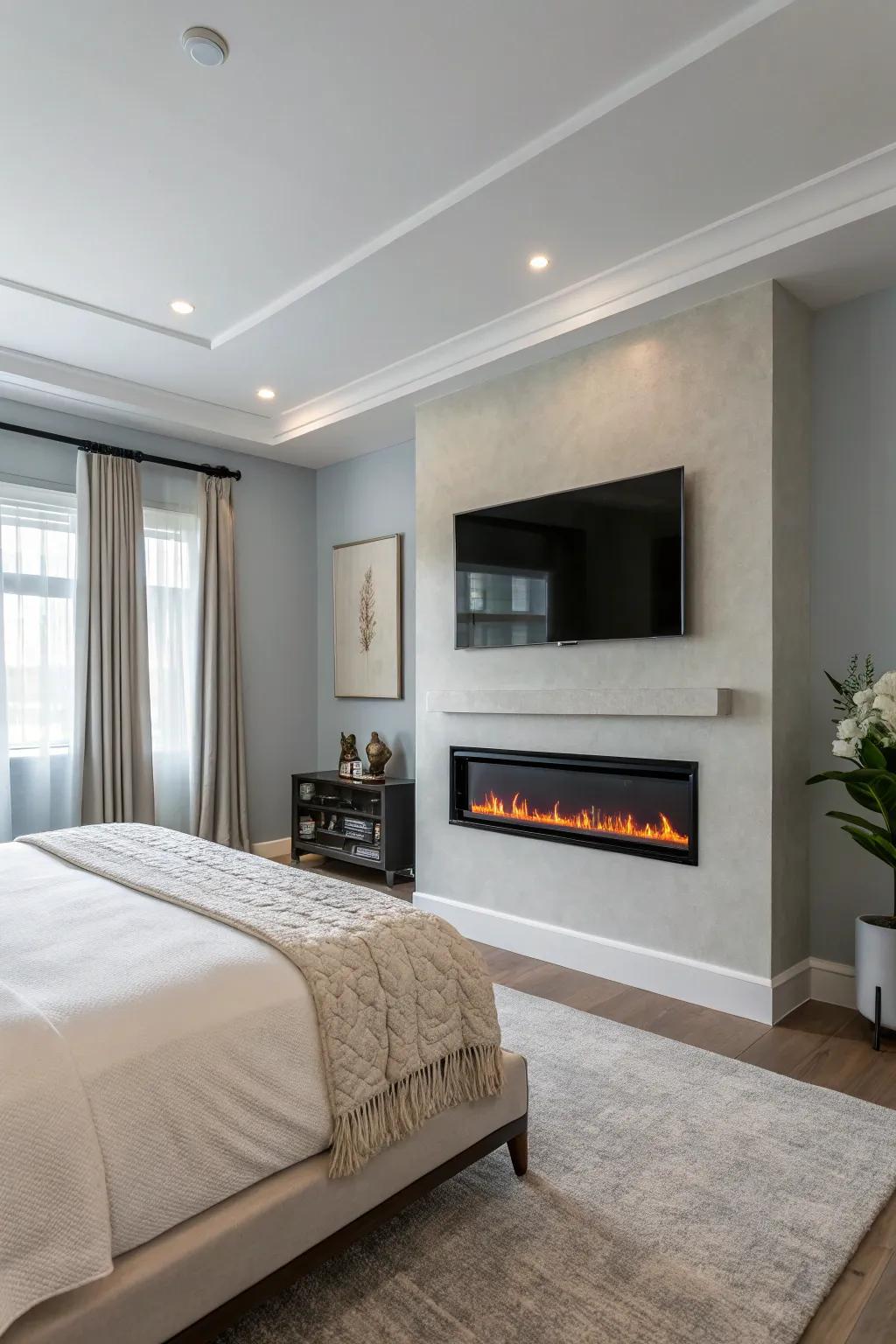 A simply modern bedroom featuring a polished electric fireplace introduces a hint of contemporary refinement.