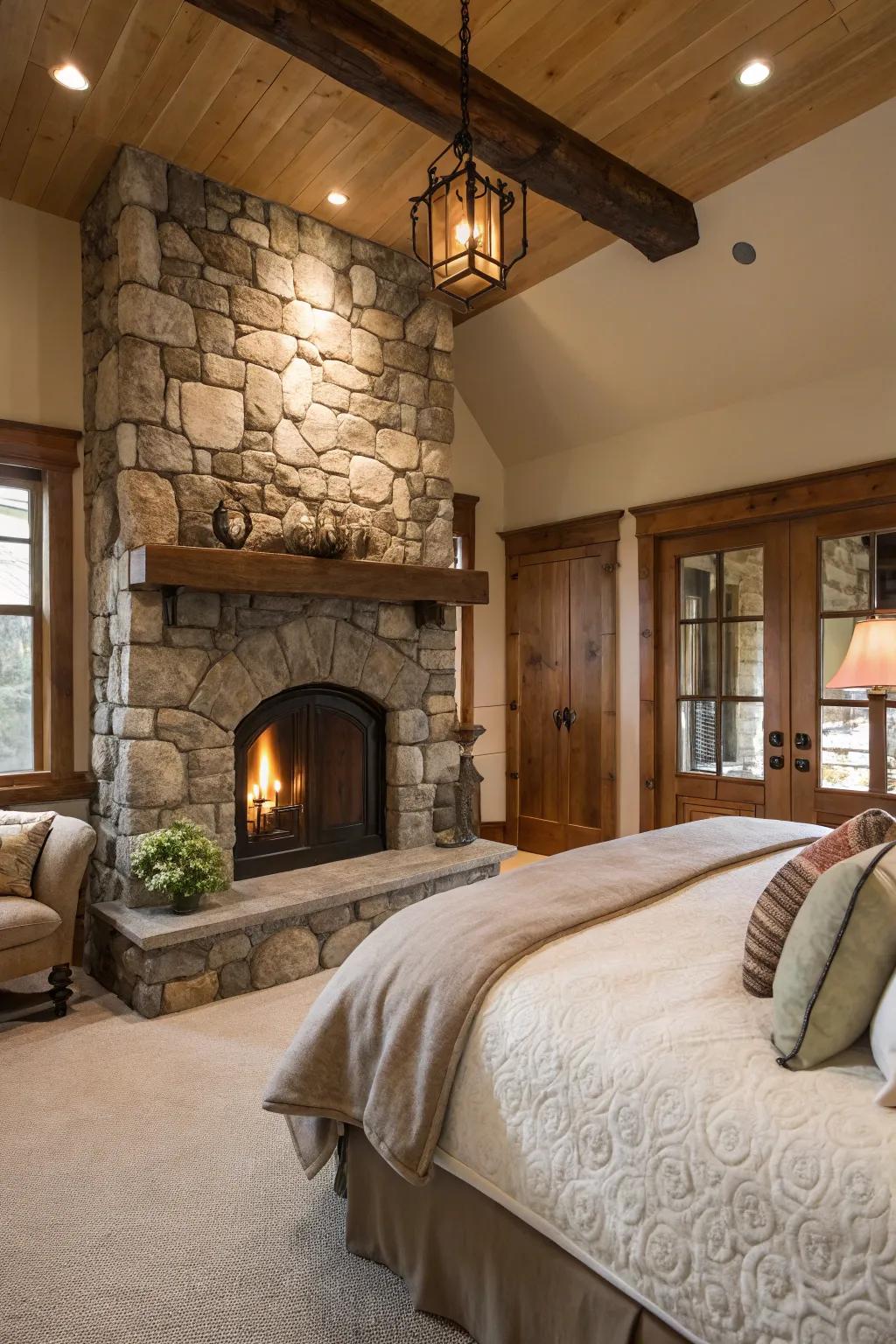 A traditional stone hearth infuses enduring charm into any master bedroom.