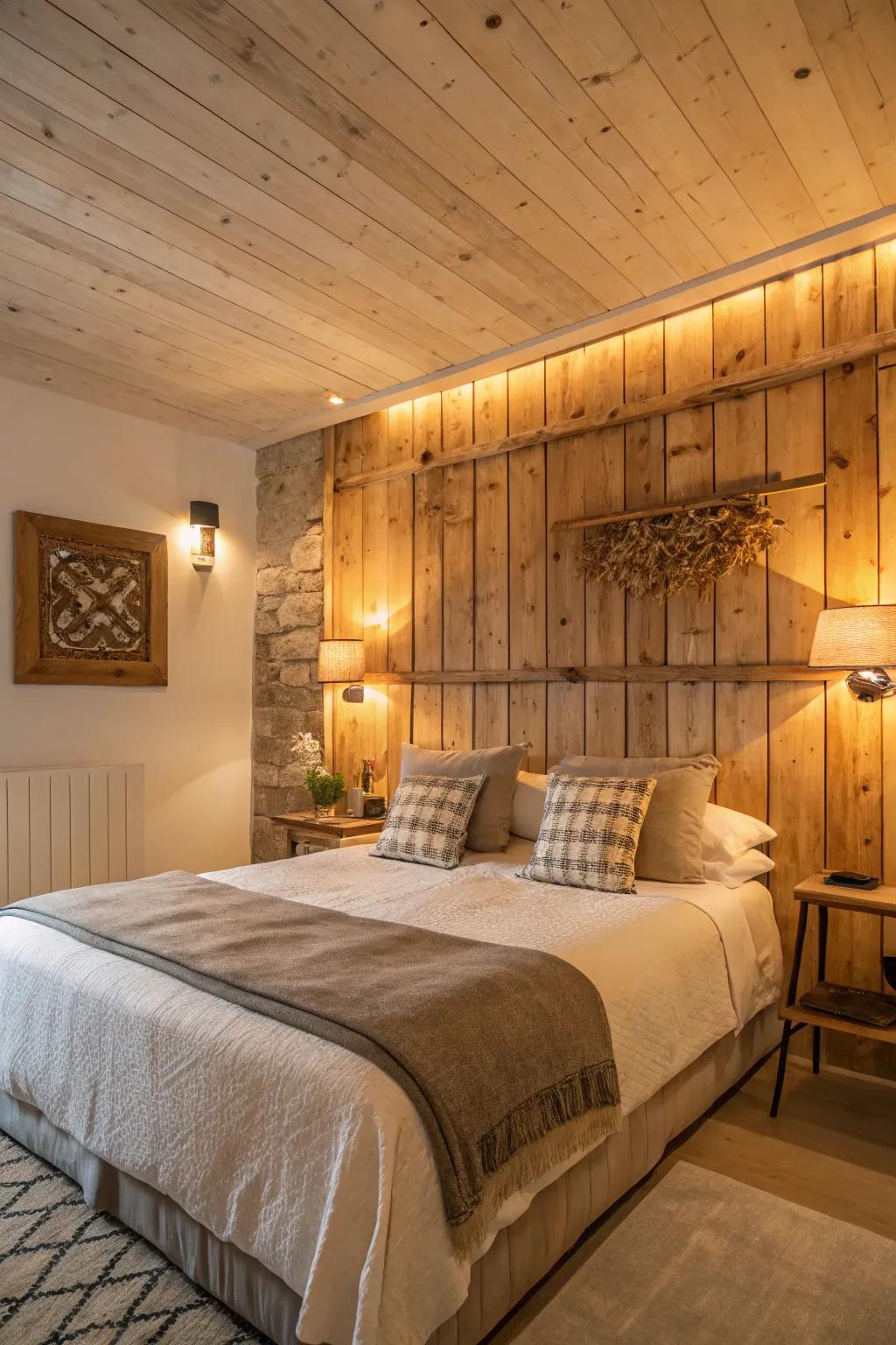 Bask in the coziness of natural wood panels, ideal for a rustic and inviting headboard feature.