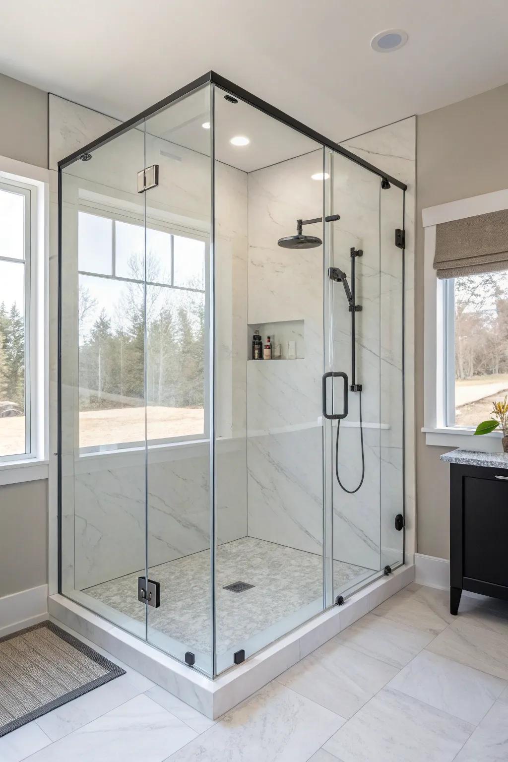 A chic and up-to-date shower featuring a frameless glass enclosure.