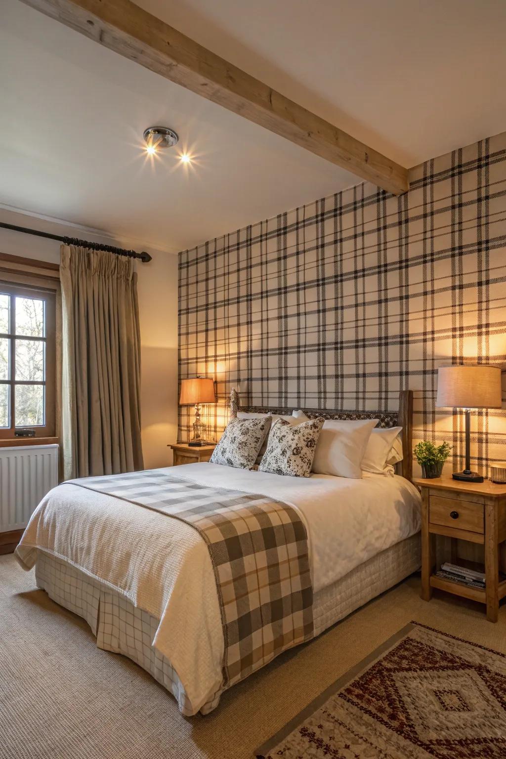 Checkered wallpaper introduces a timeless element to a cozy bedroom setting.