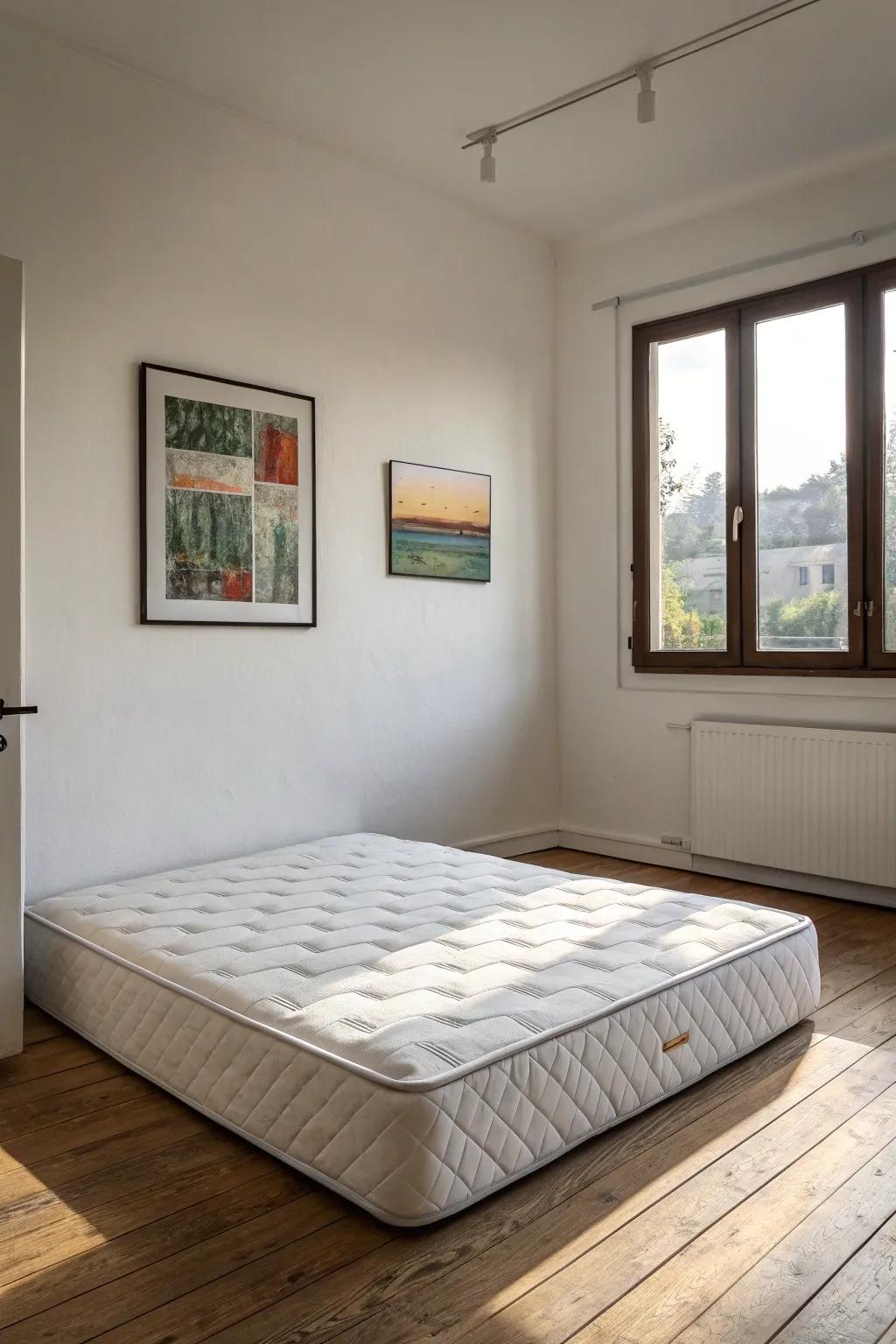 A minimalist bedroom featuring clean lines and a mattress on the floor.
