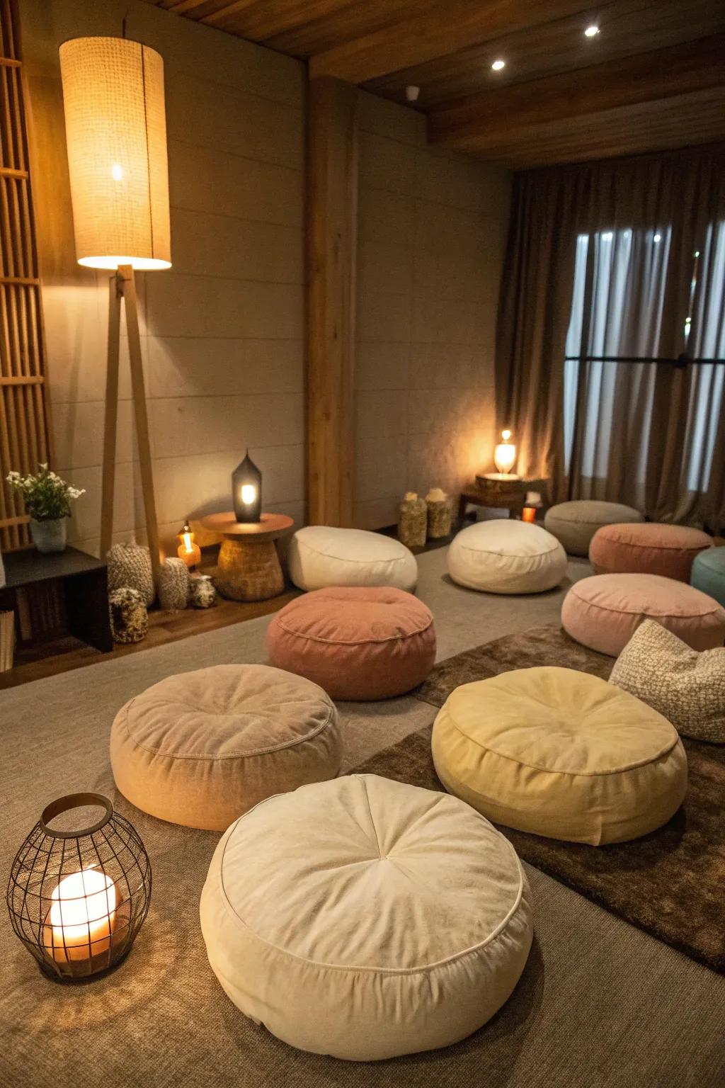 Floor cushions bring both comfort and style to your meditation corner.