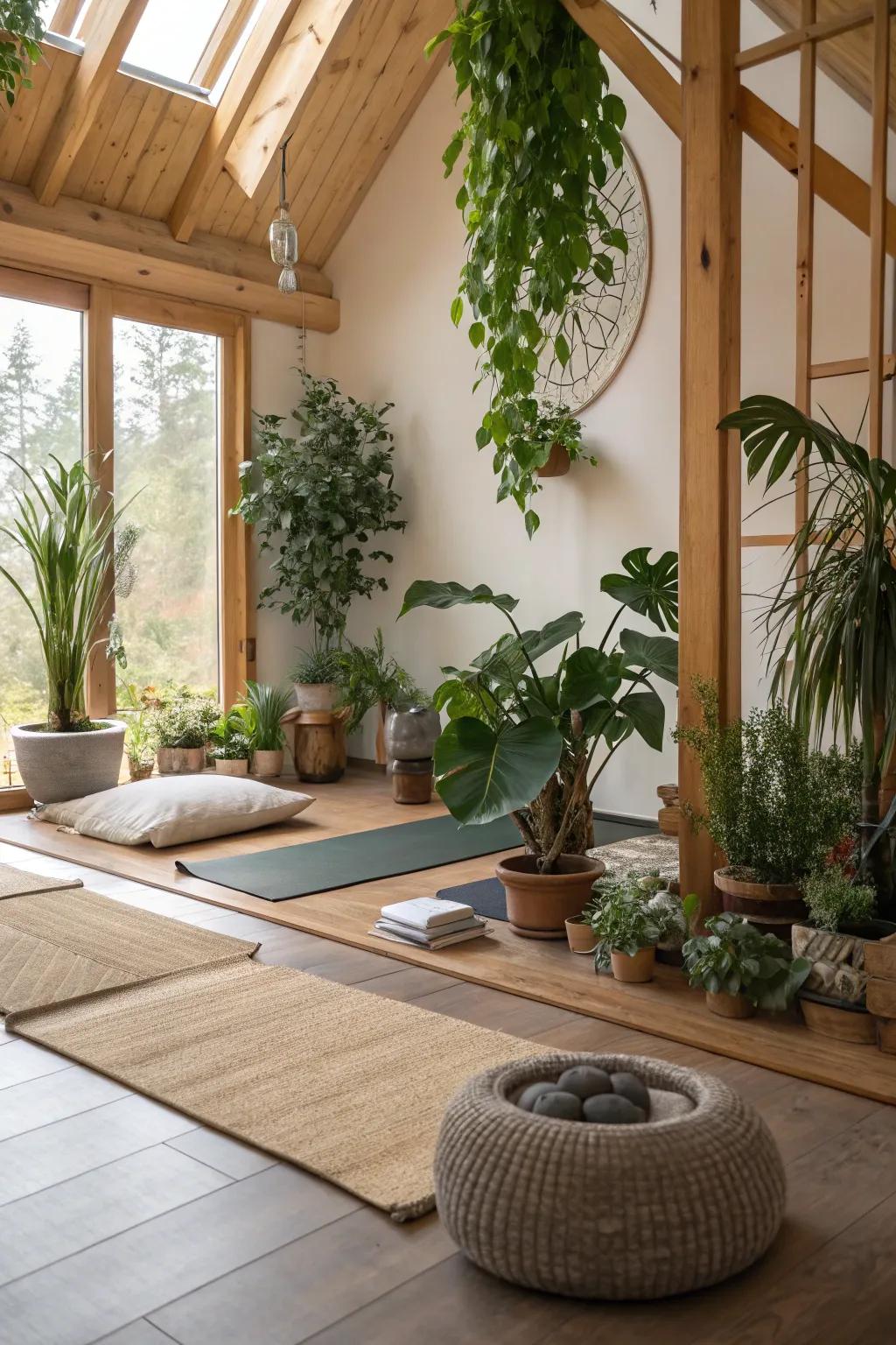 A meditation room filled with verdant plants and natural wooden accents.