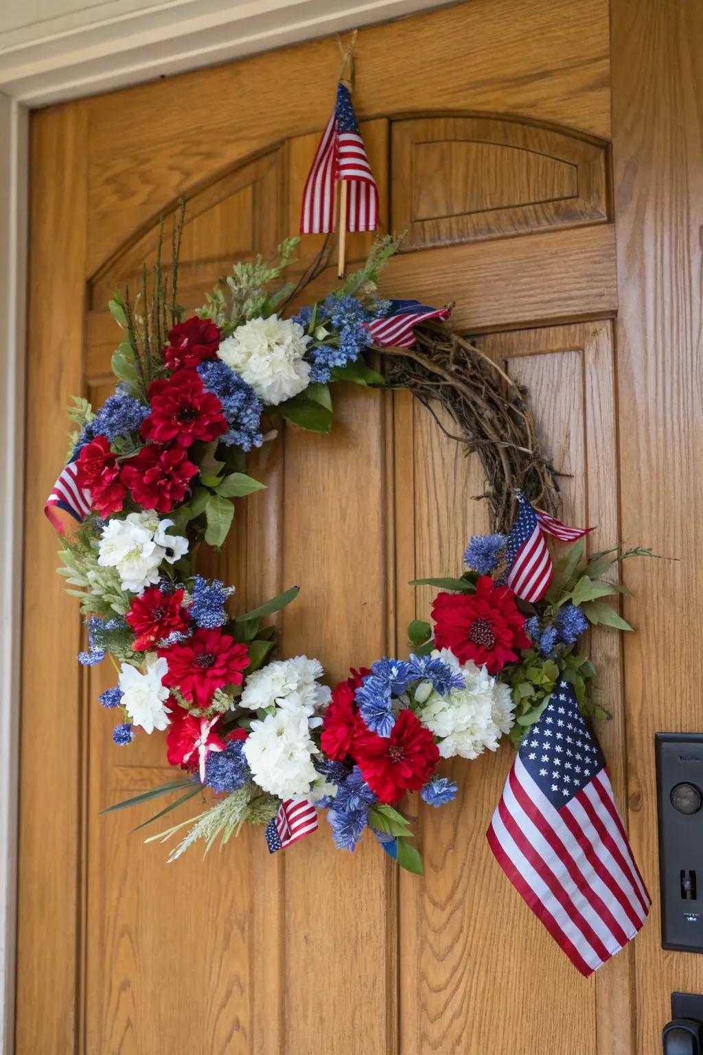 A timeless Americana wreath with blooms and flags.