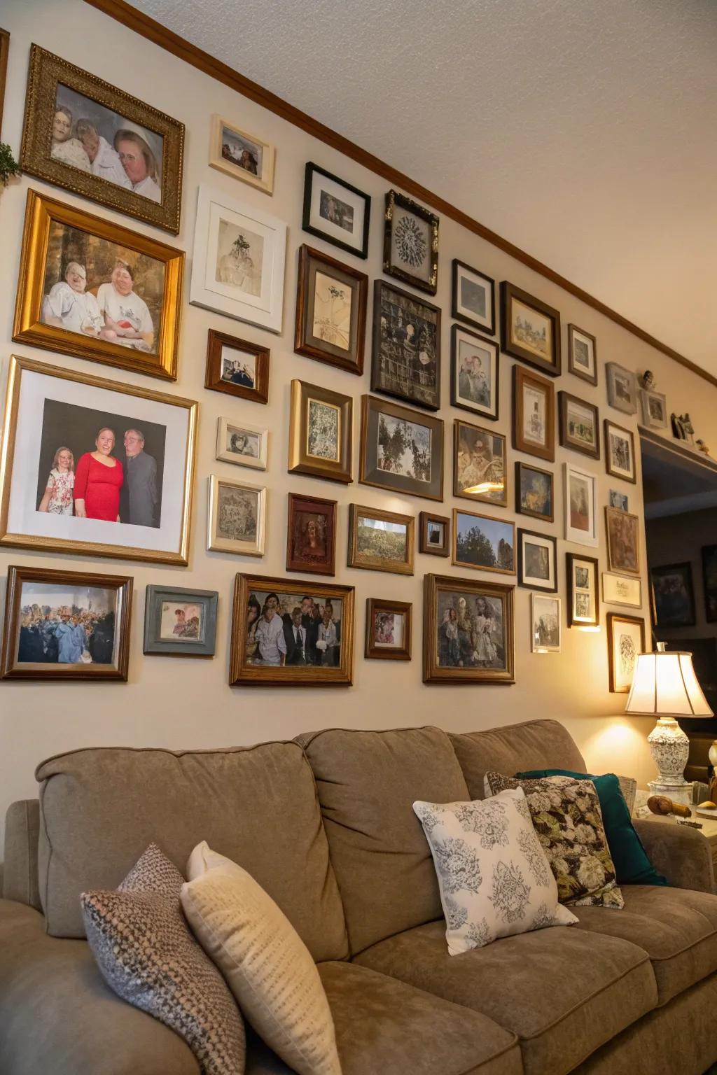 A captivating arrangement of family pictures crafting a heartfelt remembrance display.