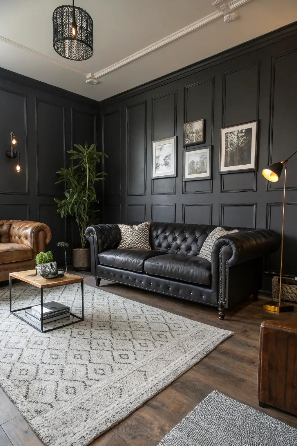 A masculine-styled living area showcases a dark color palette for striking effect.