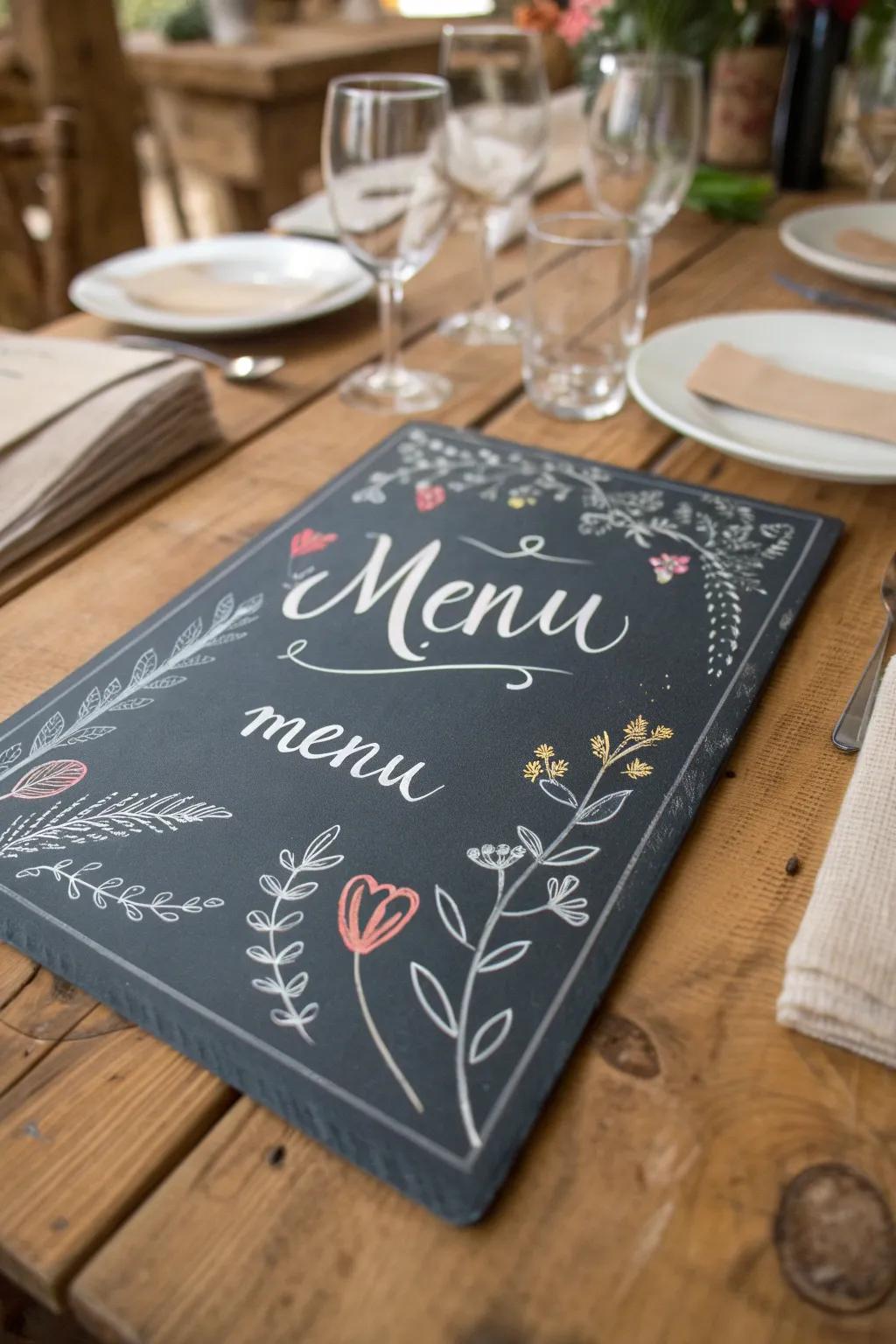 Slate-inspired backdrops impart an intimate, handcrafted quality to your menu.
