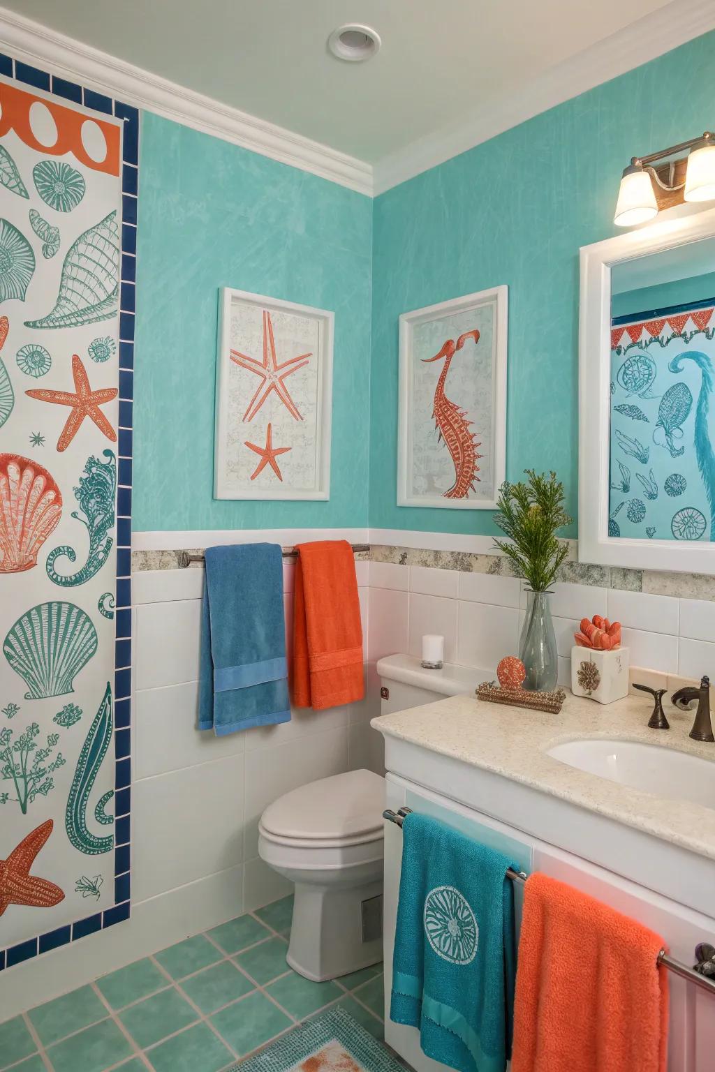 A bathroom refreshed with tranquil oceanic shades and coral details.