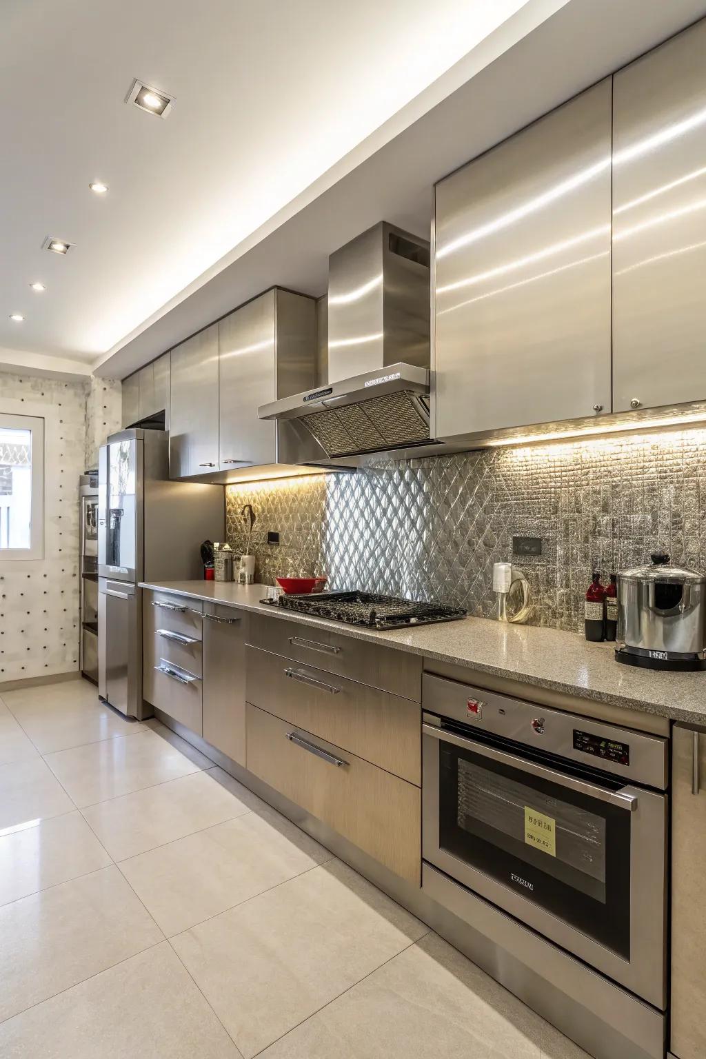 A kitchen featuring a gleaming stainless steel backsplash that enhances light and space.