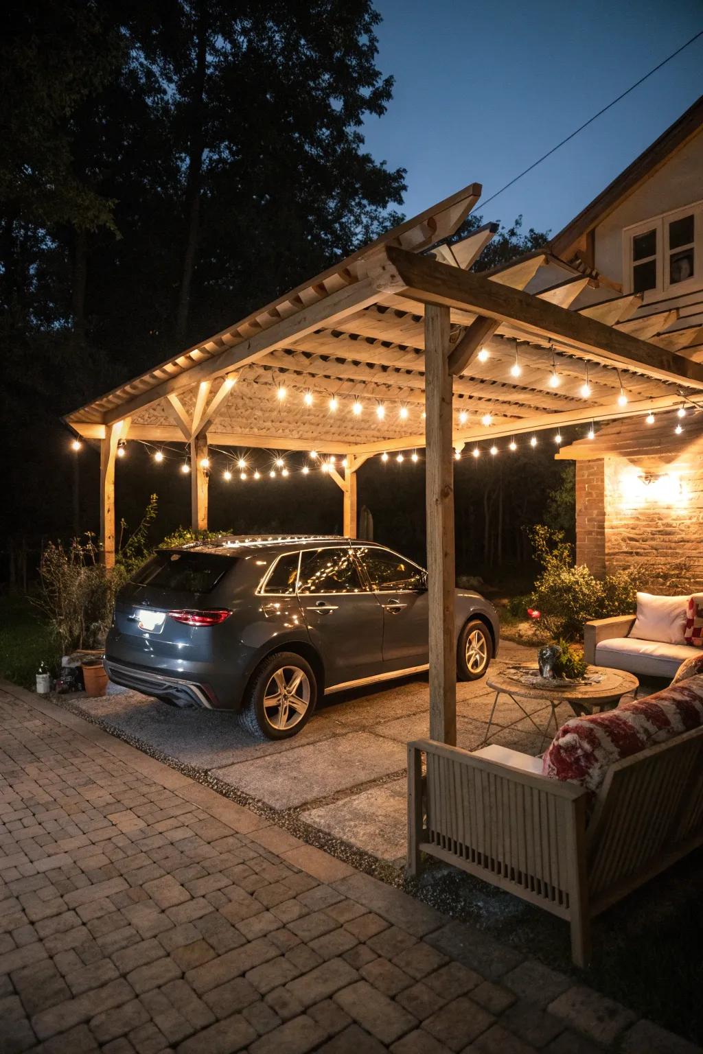 A carport and pergola combination provides both vehicle protection and an outdoor leisure zone.