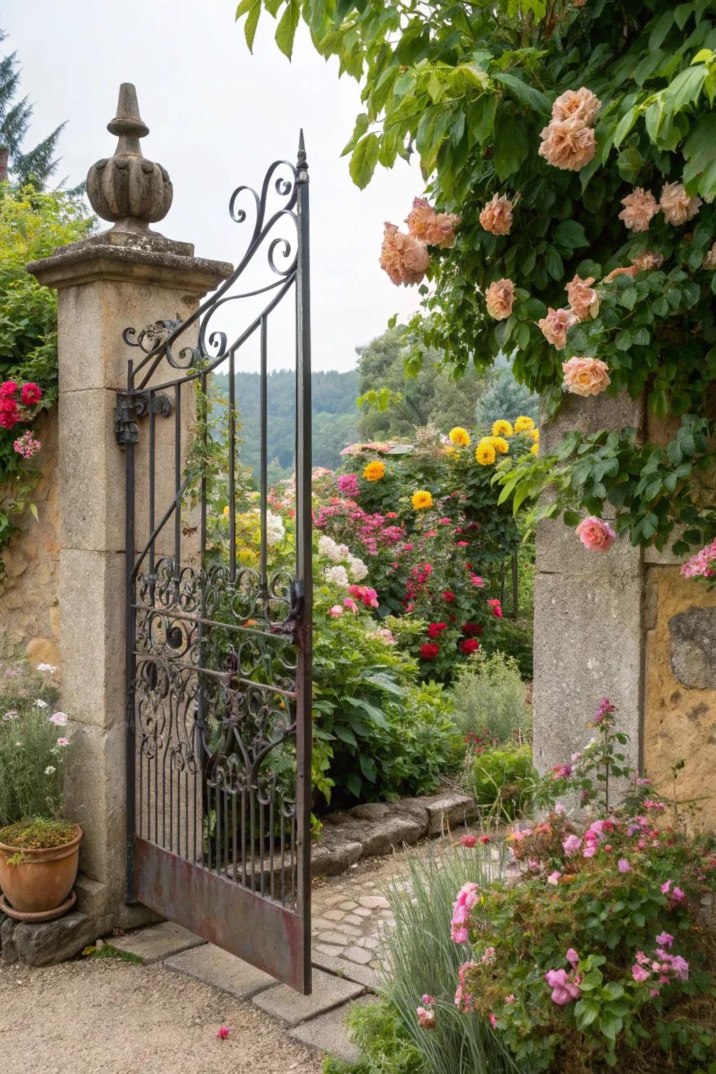 An enchanting wrought iron garden gate, beckoning you into a realm of natural splendor.