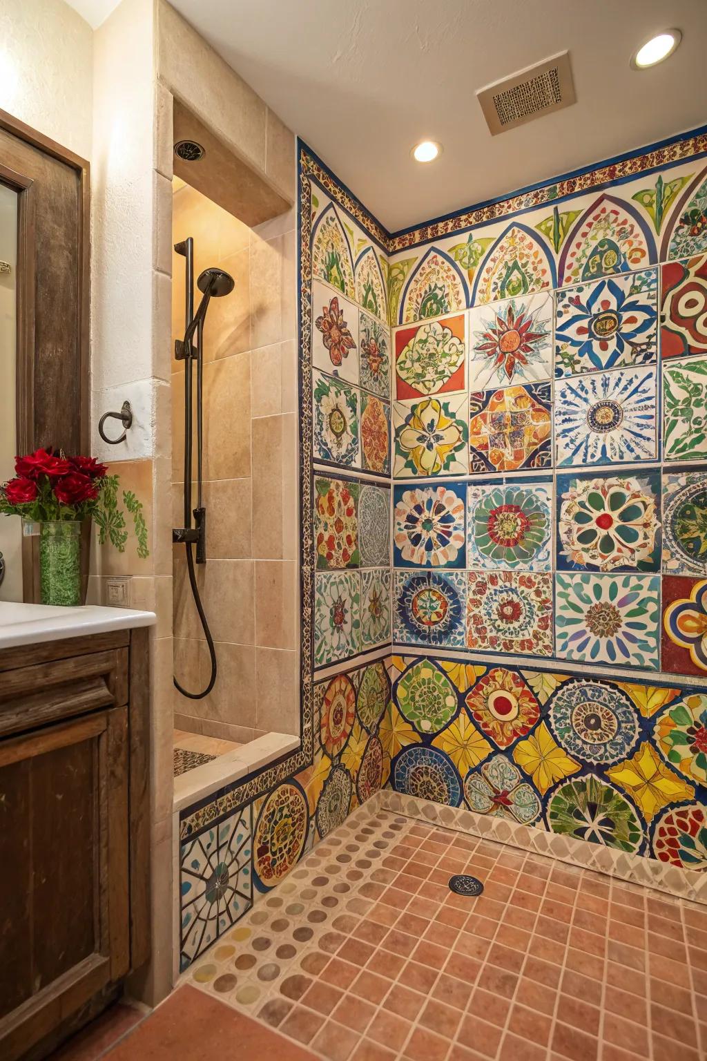 A bathroom showcased with vibrant encaustic ceramics.