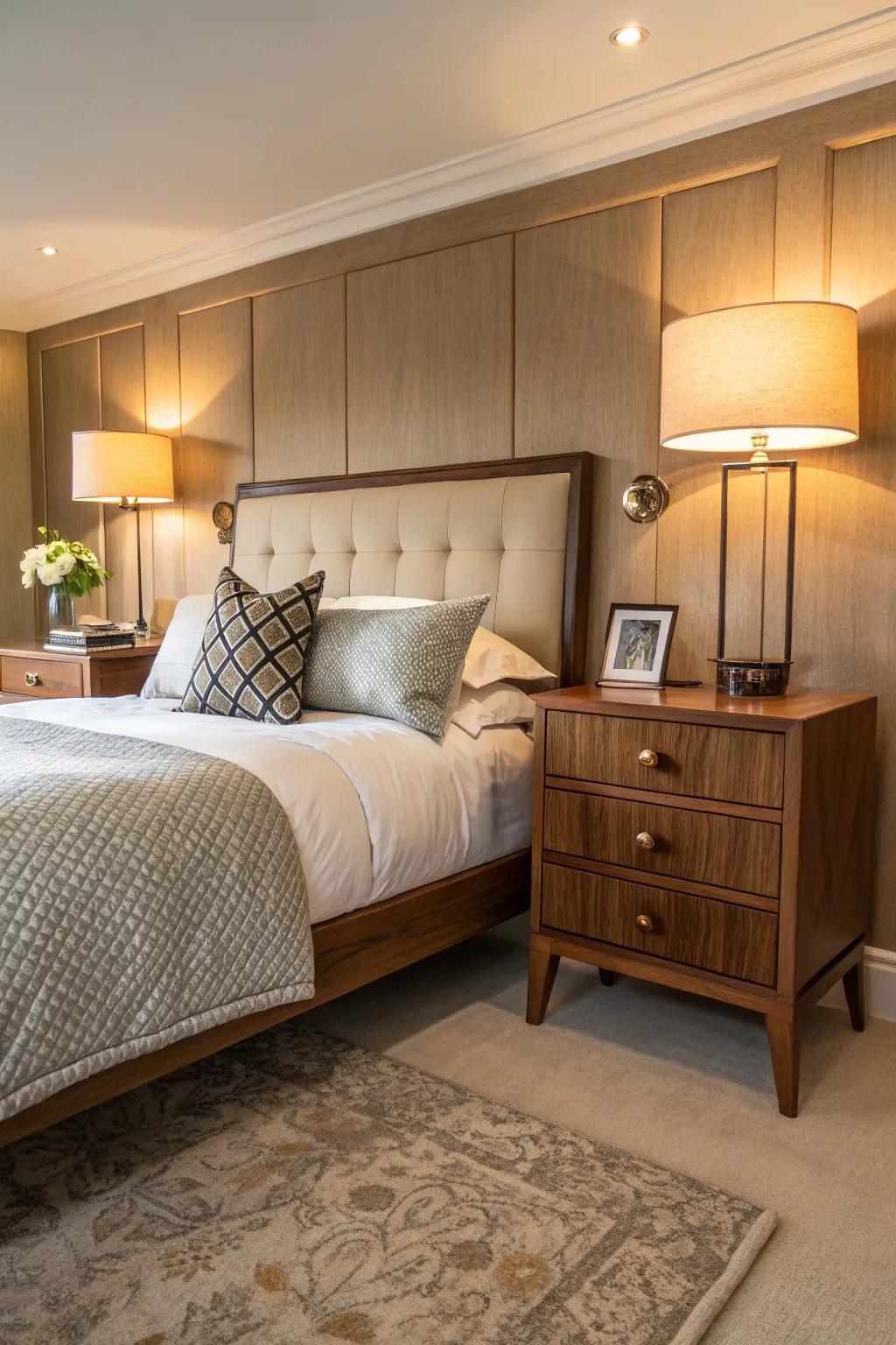 A mid-century modern bedroom featuring a prominent pecan headboard and refined birch bedside tables.