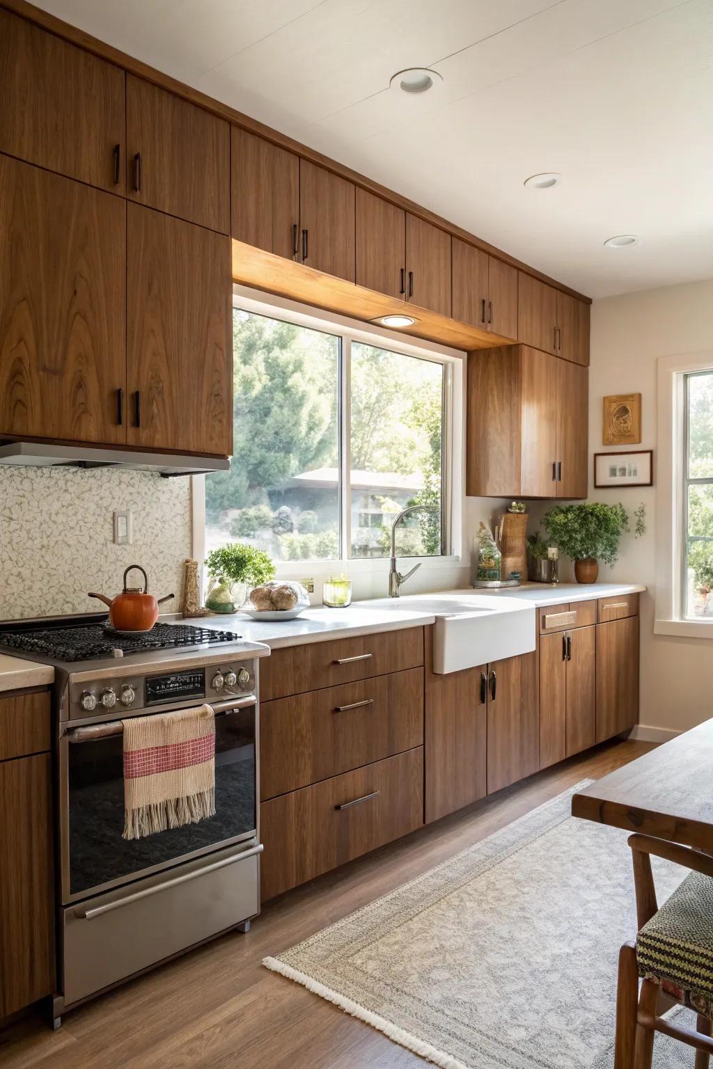 These inviting walnut units provide a natural touch to the mid-century modern kitchen.