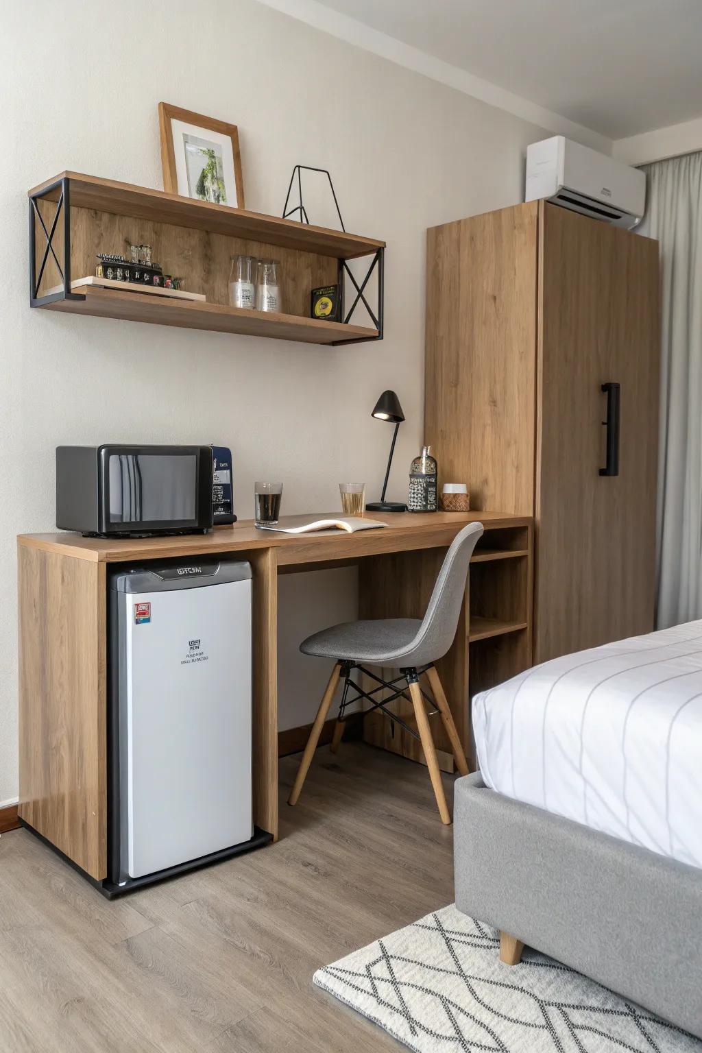 A small refrigerator thoughtfully situated beneath a desk in a contemporary bedroom.