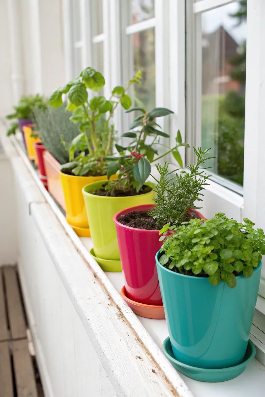 A selection of vibrant, small pots brimming with abundant greenery on a windowsill.