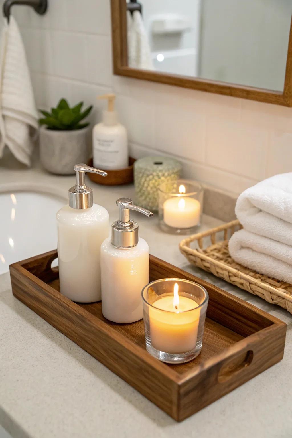 A wooden serving board introduces order and aesthetic appeal to this minimalist bathroom arrangement.