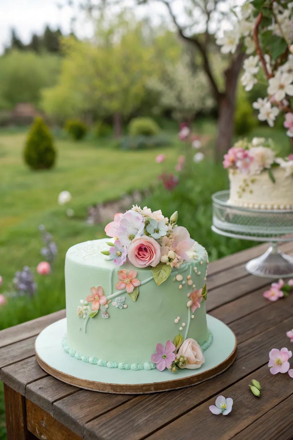 A mint green cake beautifully decorated with edible floral accents.