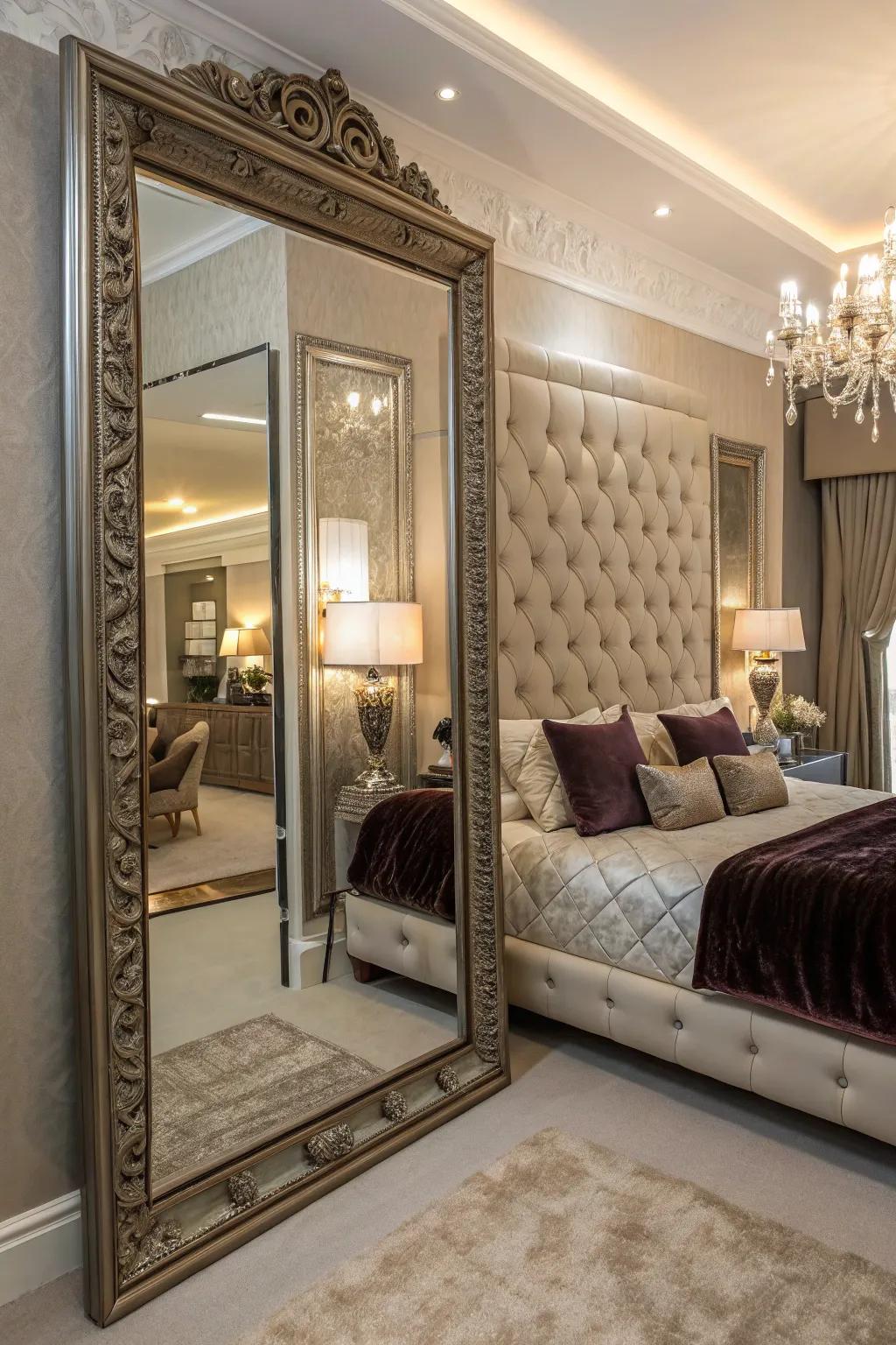A bold statement mirror introduces drama and refinement to your bedroom.