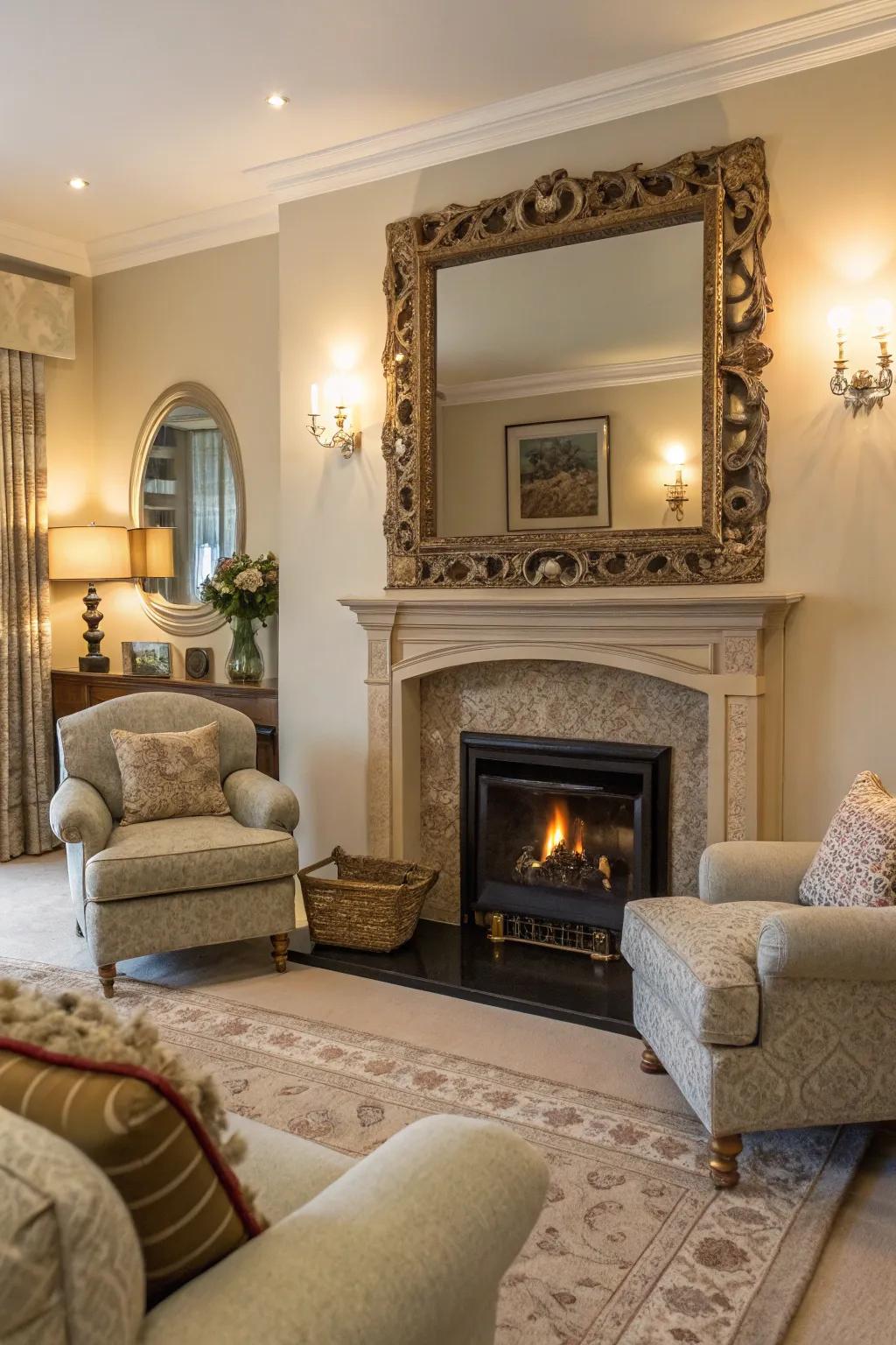 A large wall mirror elevates this living room into a stylish retreat.