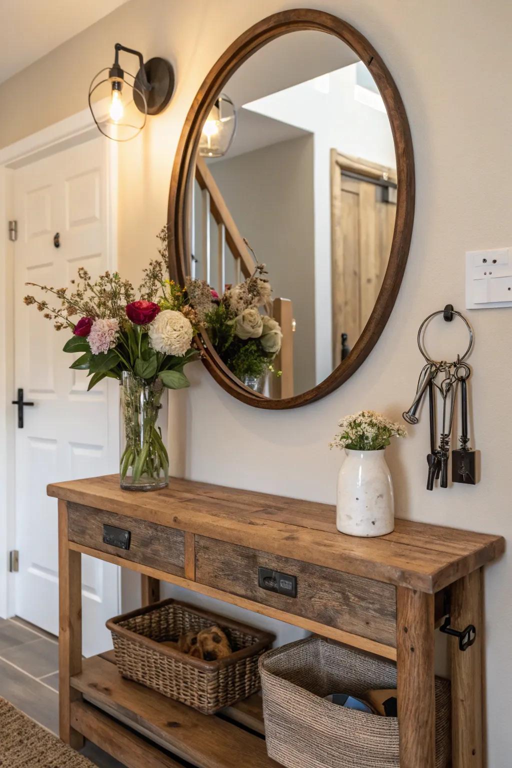 A welcoming entryway exhibiting a round mirror and countryside-style shelf for daily necessities.