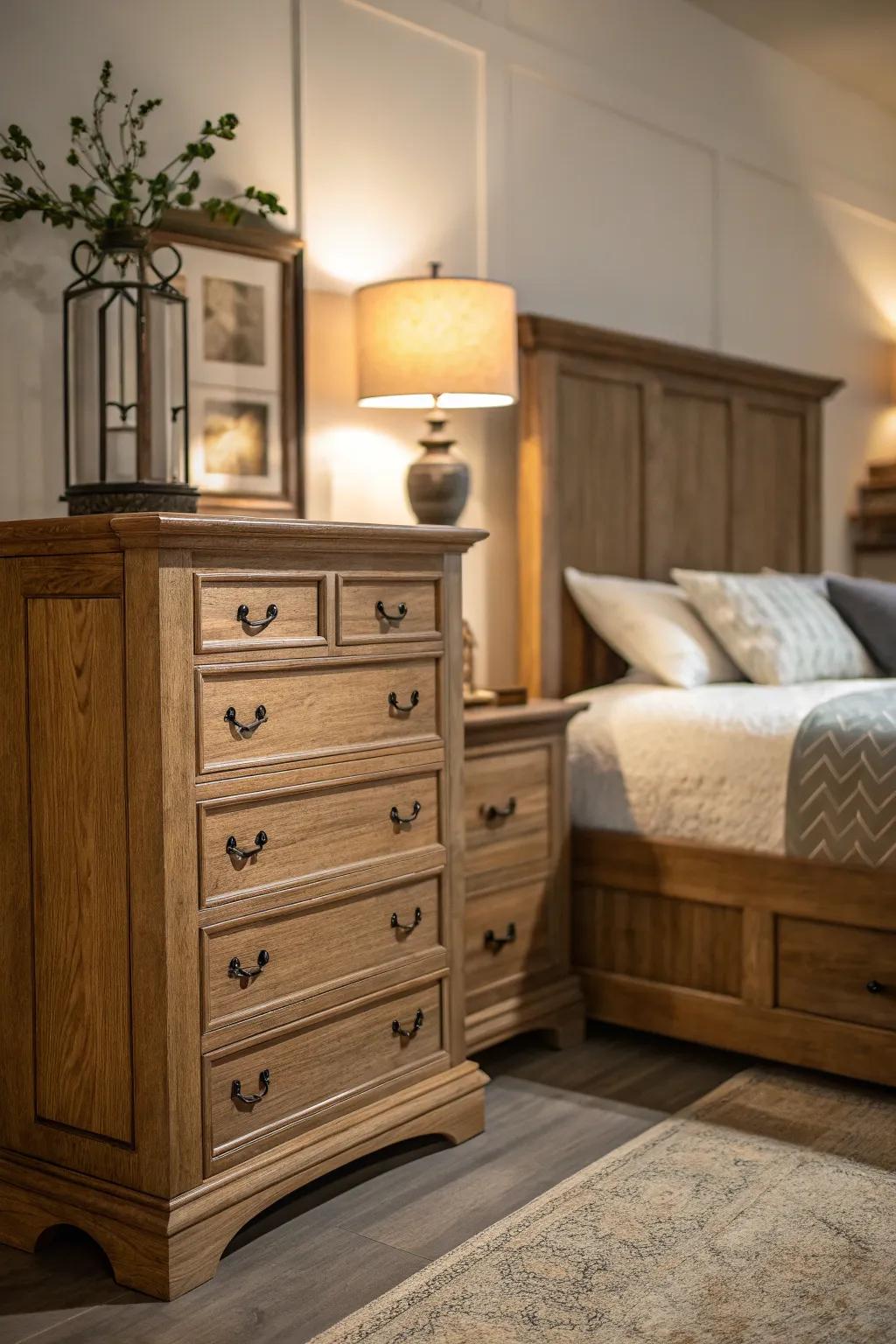 Contrasting wood tones generate captivating visual interest and a sense of balance.