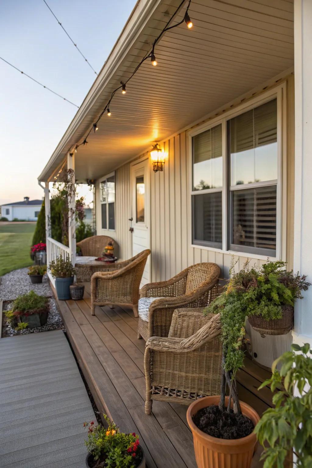 A charming veranda featuring wicker seating and potted flora, attached to a mobile home, ideal for unwinding.