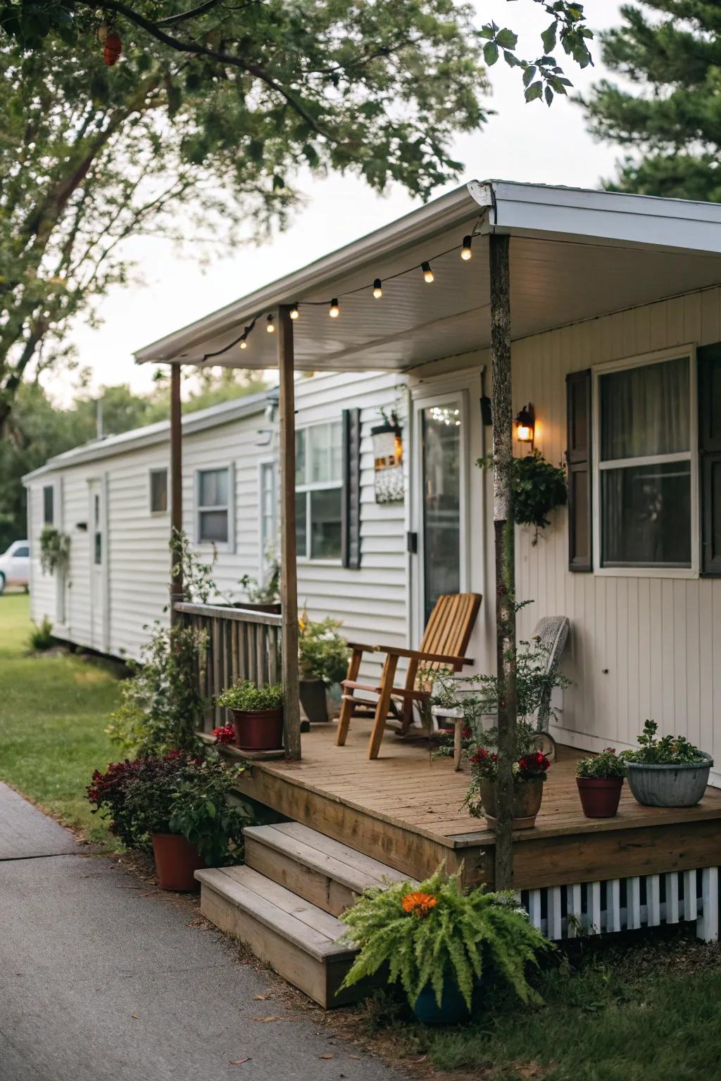 An inviting front porch with seating and plants enhancing the mobile home's entry.