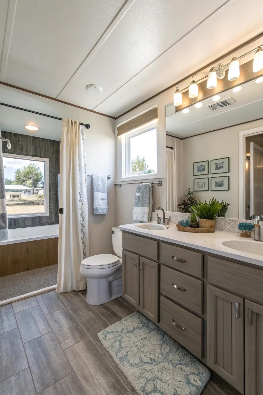 A well-designed open-plan bathroom layout in a mobile home that maximizes space.