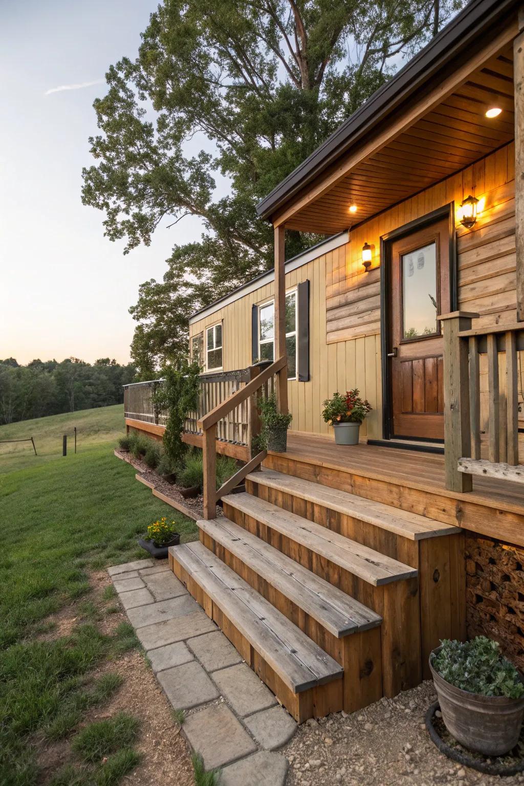 Rustic wooden base coverings infuse any mobile home with warmth and allure.