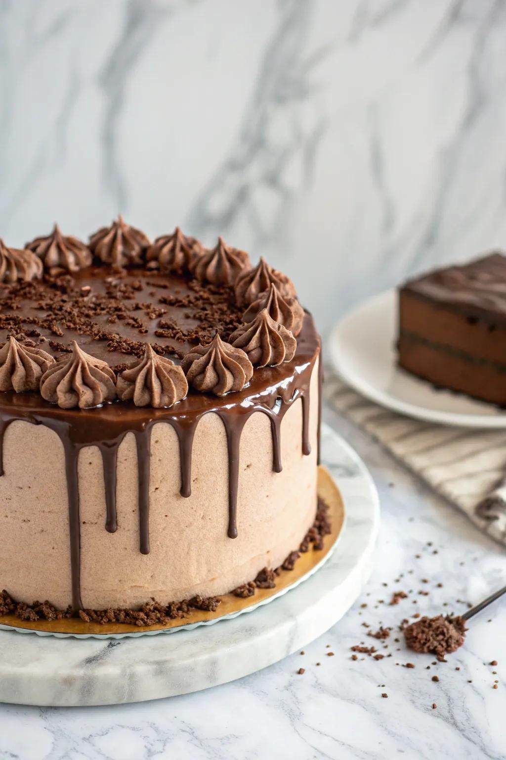 Mocha cake enhanced with a refined chocolate cascade.