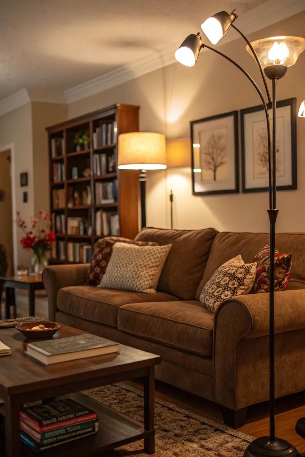 Gentle lighting enhances the cozy atmosphere near the chocolate-brown sofa.