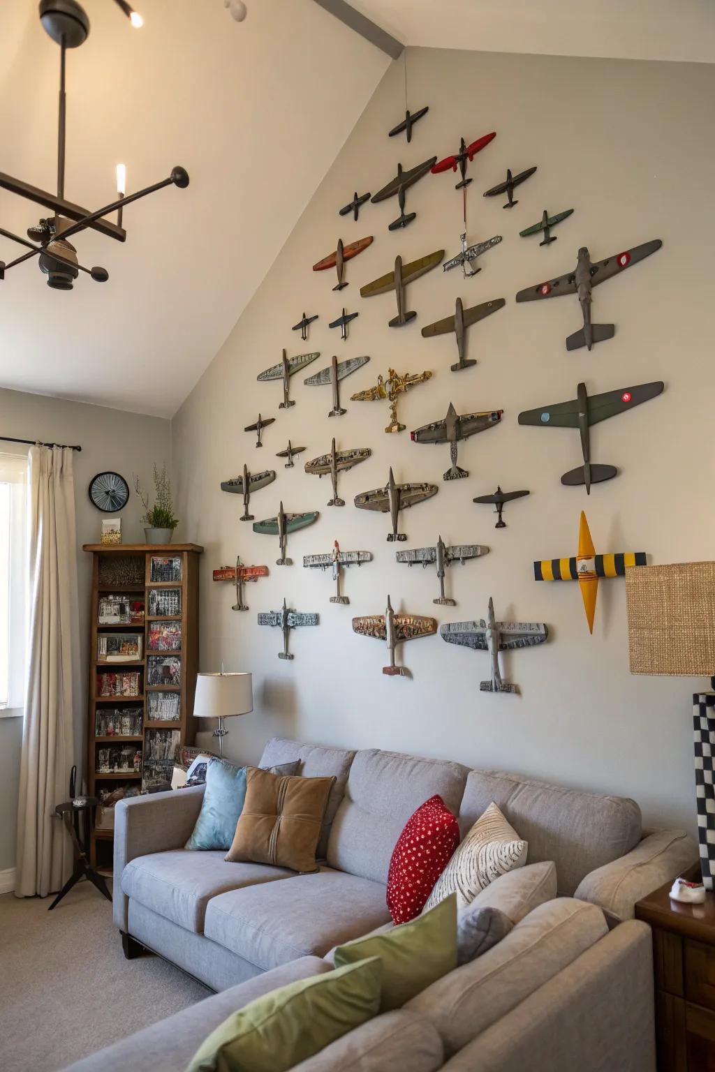 Miniature aircraft arranged on the wall become an attention-grabbing artistic display.