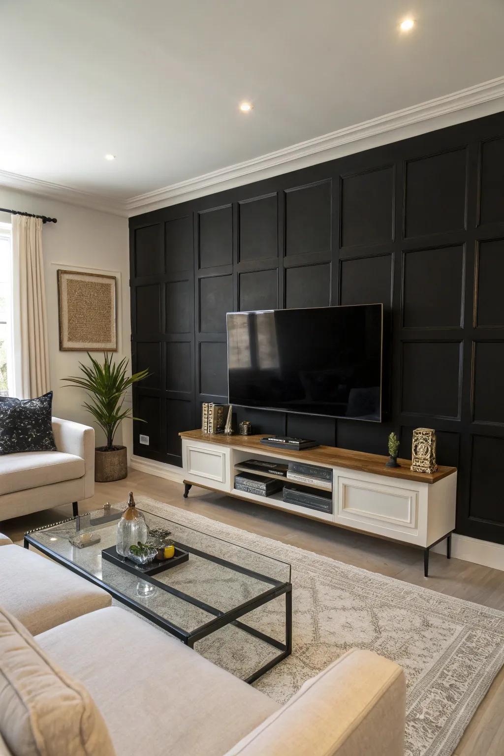 A striking dark accent wall beautifully sets off the TV.