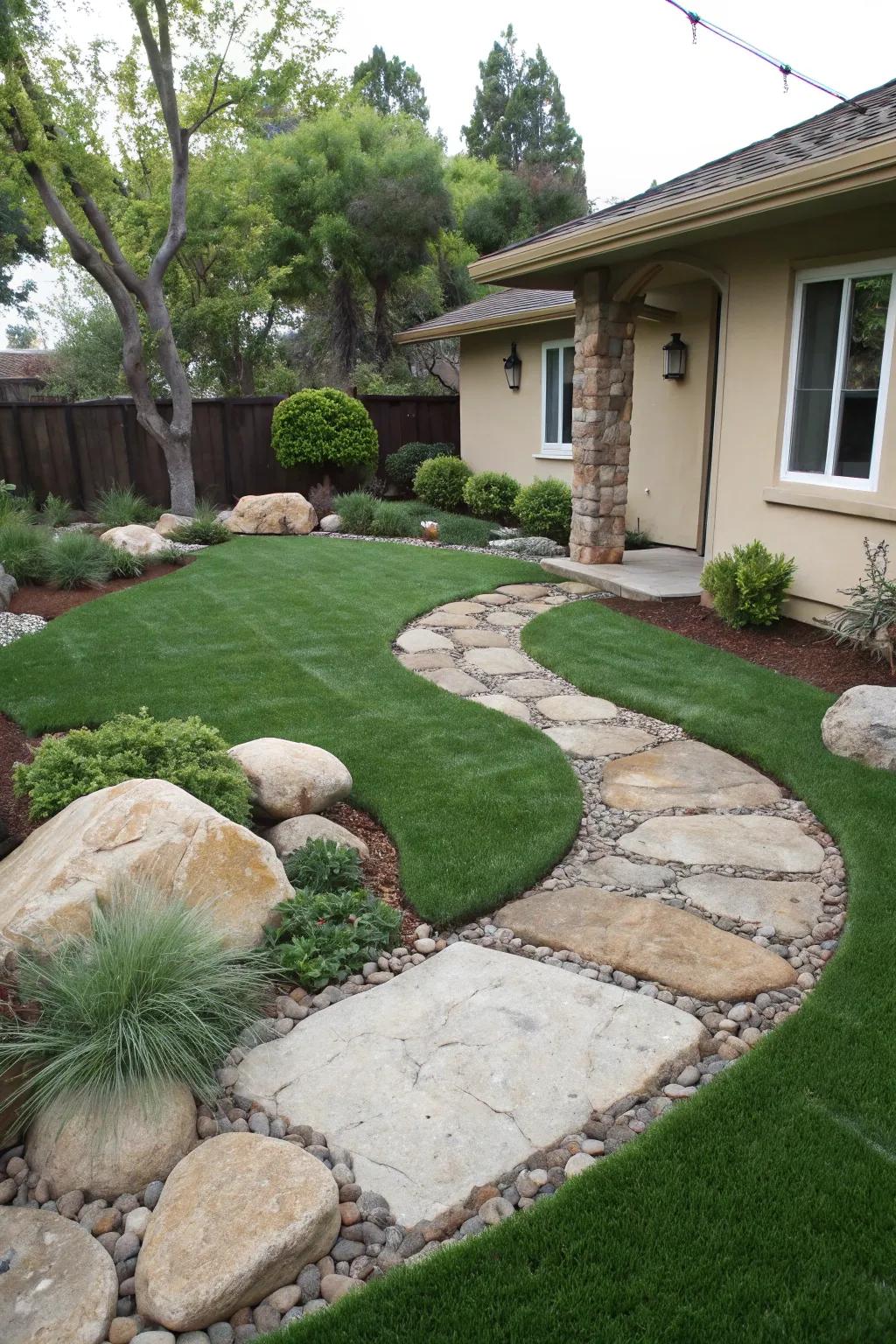 A front garden where artificial grass and natural stone harmonize beautifully.