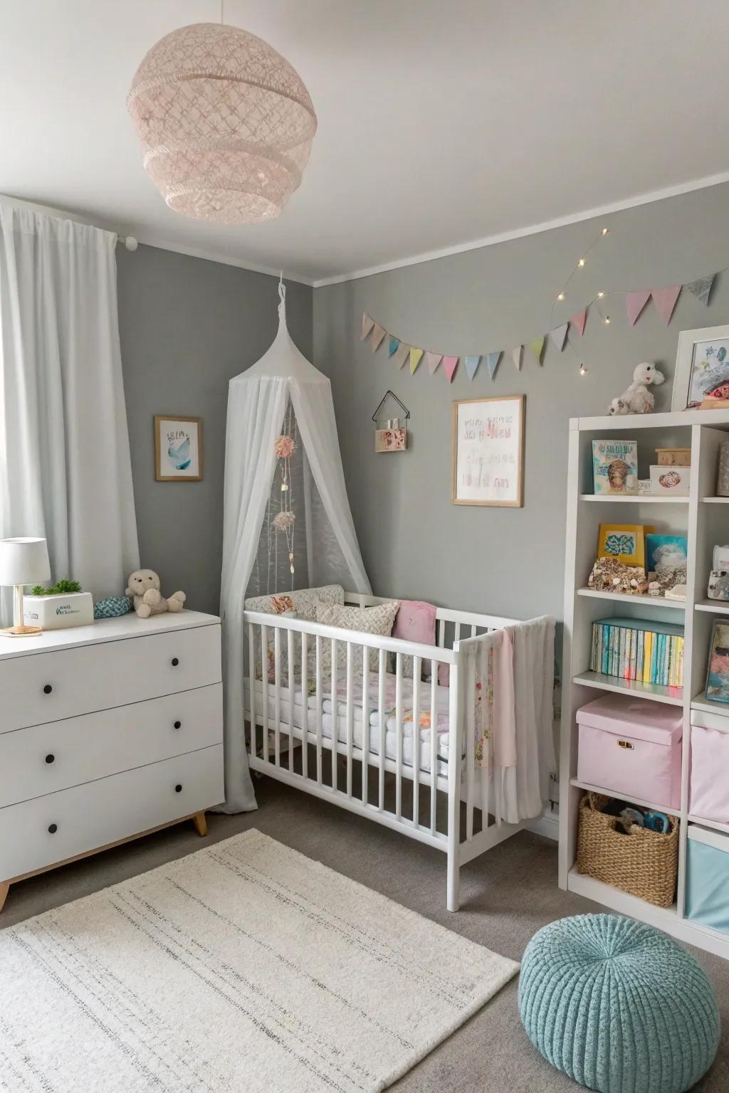 A tranquil baby boy's room exhibiting a neutral color story.