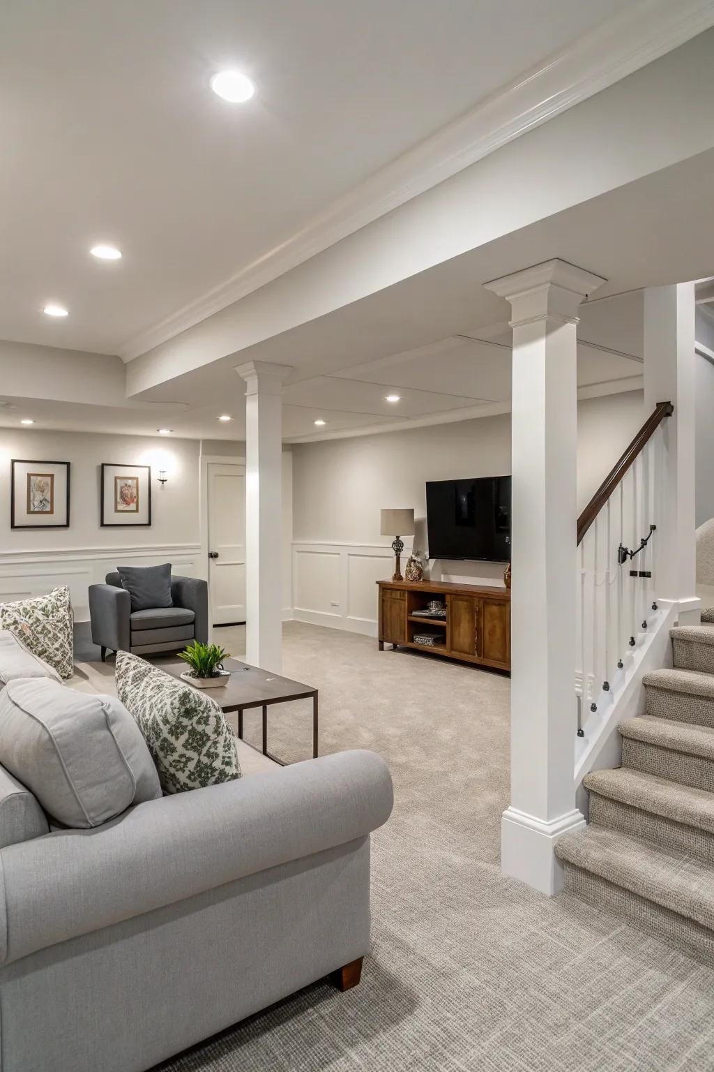 Neutral shades establish an adaptable base in your modern basement.