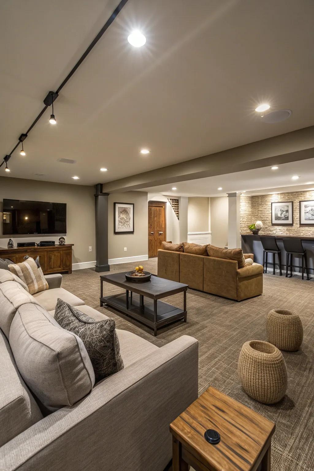 Recessed lights integrate flawlessly into the ceiling, ensuring the basement remains bright and clutter-free.