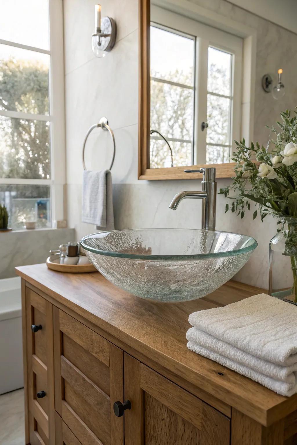 A glass surface-mounted sink gives a dash of class to current bathroom designs.
