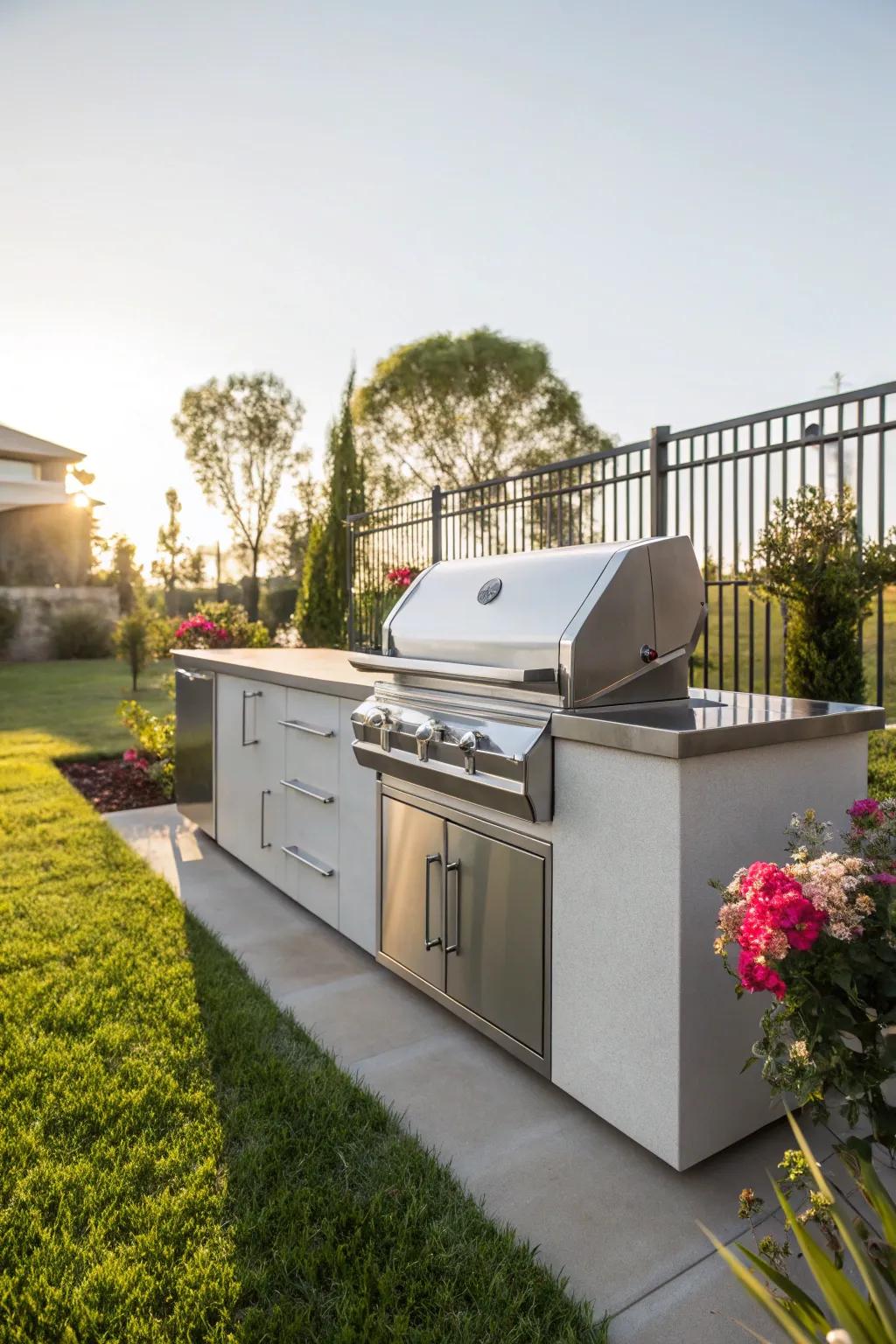 Metal BBQ island that glistens under the sun.